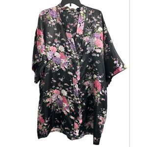Mei Ye Si Da Black Floral Japanese Silk Blend Kimono Robe Knee Length - OSFM